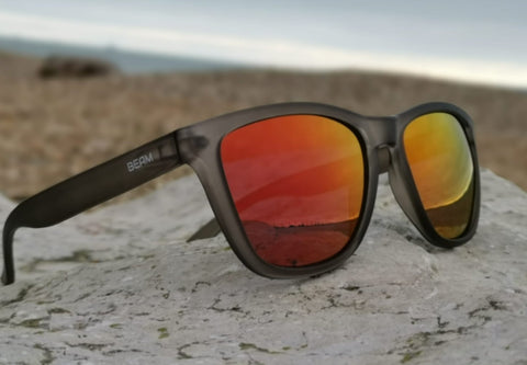 polarised sunglasses grey frame red mirror lens
